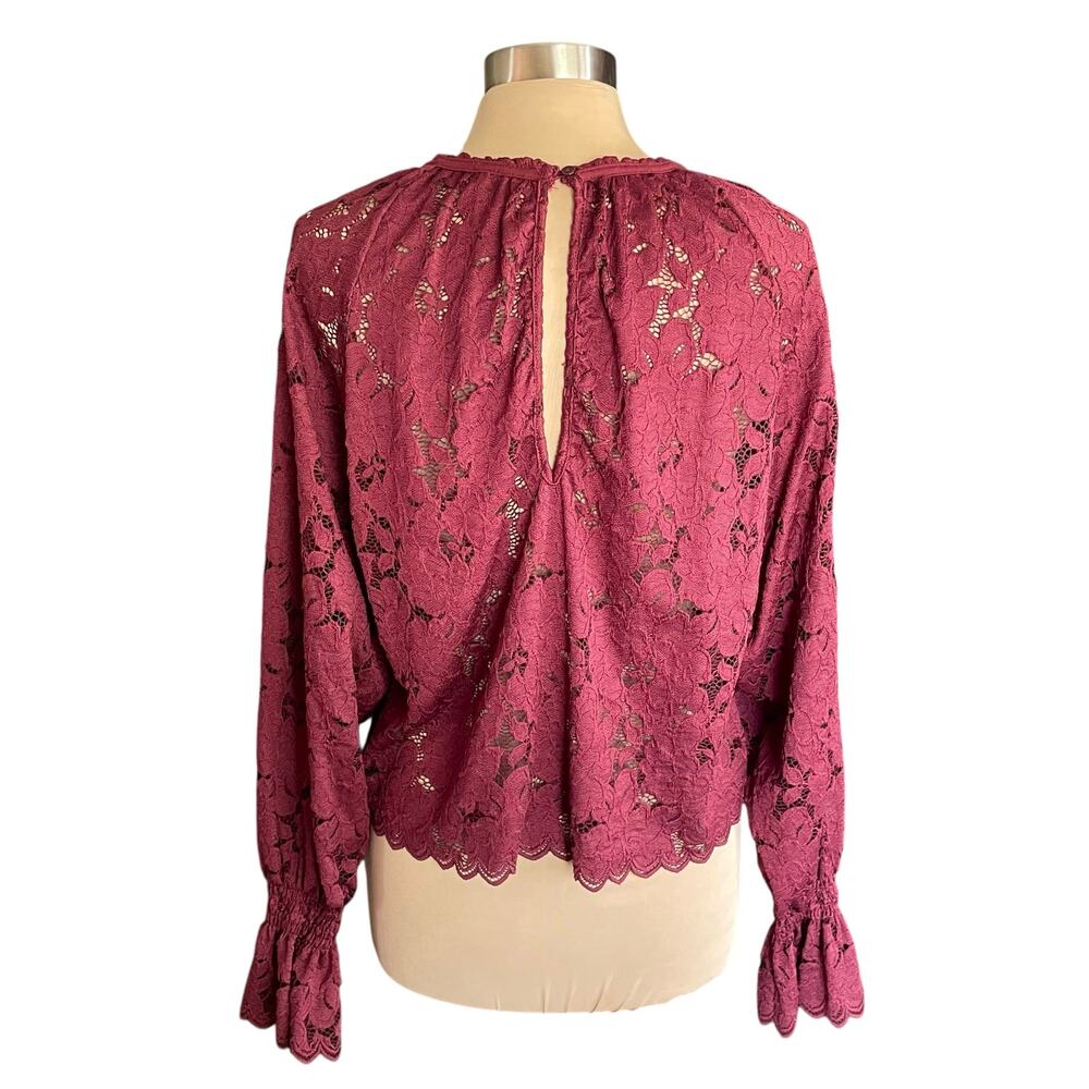 Free People Olivia Wine Lace Blouse SMALL Sheer Long Sleeves Boho Romantic - Picture 6 of 12